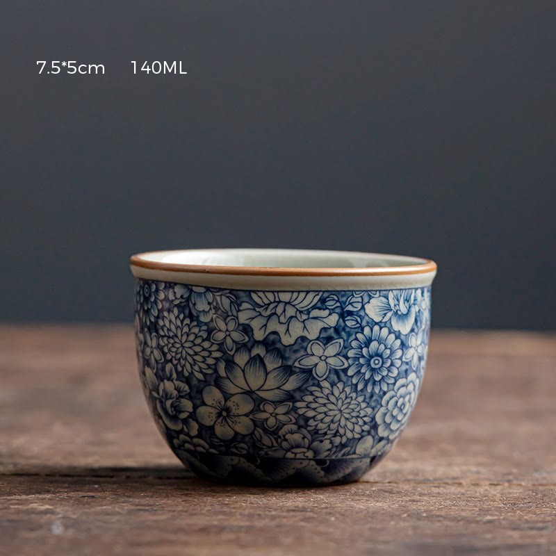 Blue Lotus Peach Blossom Chrysanthemum Design Ceramic Teacup Kung Fu Tea Cups