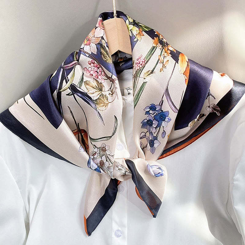 Pastoral Scene Hot Air Balloon Spring Blossom 100% Mulberry Silk Neck Hair Scarf