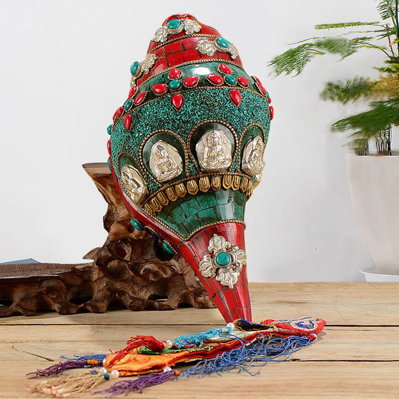 Tibetan Handmade Shankha Om Mani Padme Hum mystic zen Avalokitesvara Turquoise Conch Shell Positive Decoration