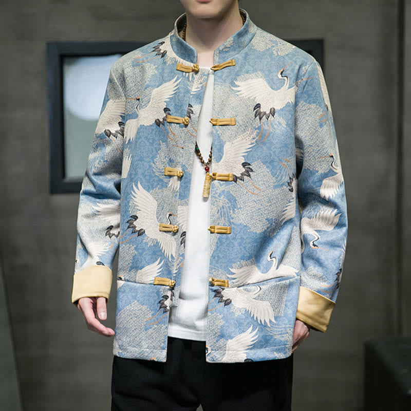 Chinese New Year Clothes White Crane Gold Frog-button Tang Suit Cotton Men's Jacket Shirt With Pockets