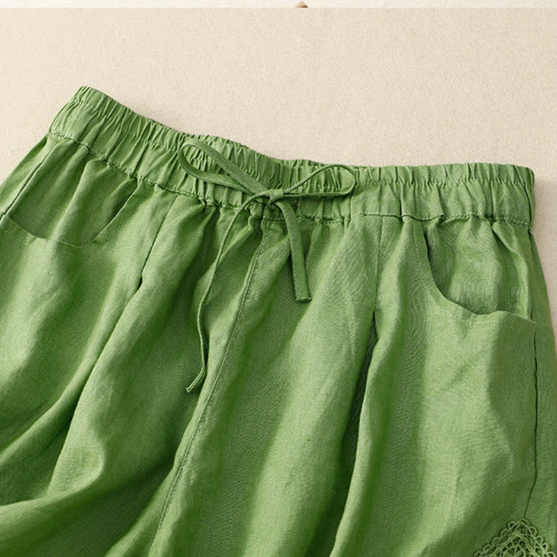 Casual Solid Color Side Hollow Design Lace-up Cotton Linen Women's Shorts With Pockets