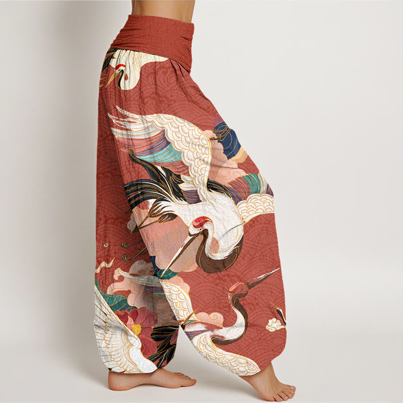 Red-crowned Crane Cloud Pattern Women's Elastic Waist Harem Pants