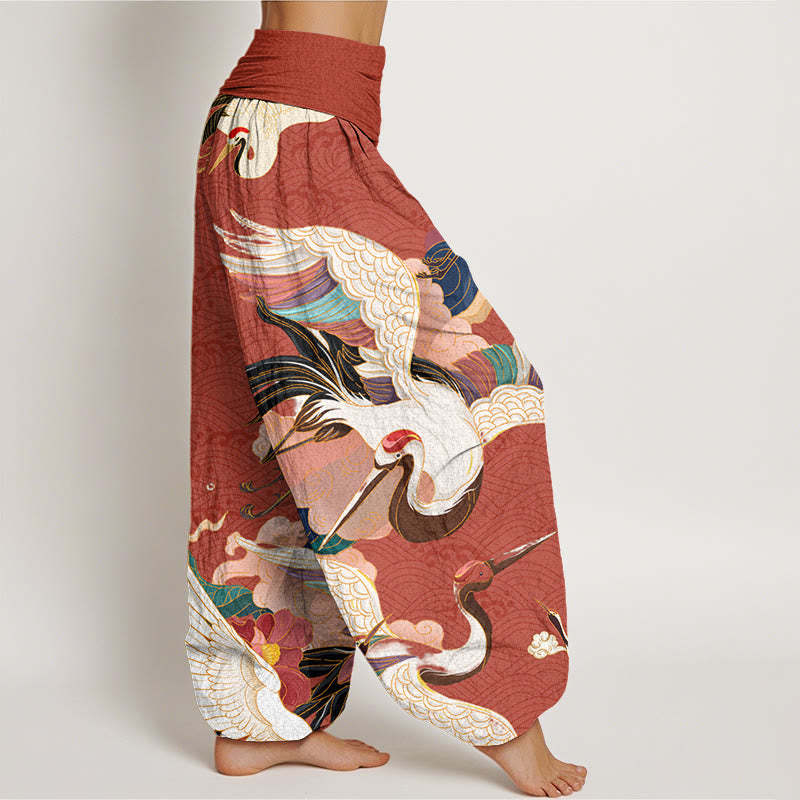 Red-crowned Crane Cloud Pattern Women's Elastic Waist Harem Pants