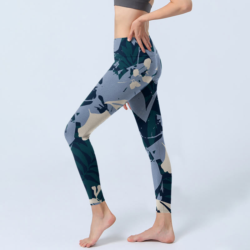 Blue Plant Leaves Print Gym Leggings Women's Yoga Pants