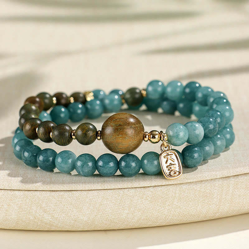 Blue Chalcedony Green Sandalwood Small Leaf Red Sandalwood Double Wrap Emotional Balance Bracelet