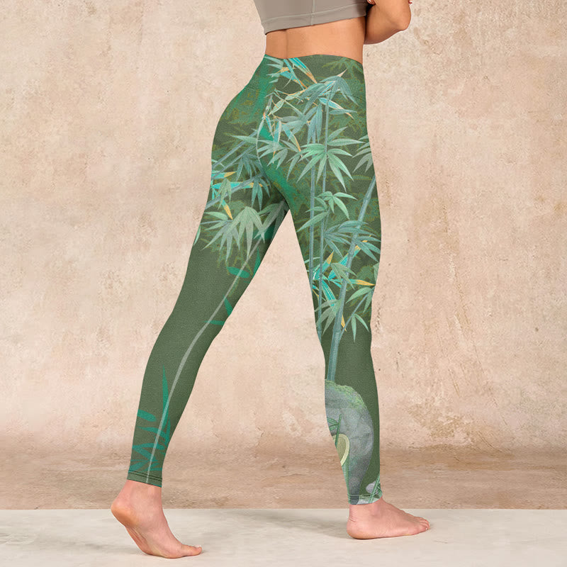 Green Bamboo Rock Flower Print Gym Leggings Women's Yoga Pants