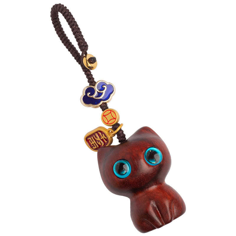 Small Leaf Red Sandalwood Ebony Wood Lucky Cat Protection Key Chain Phone Hanging Decoration