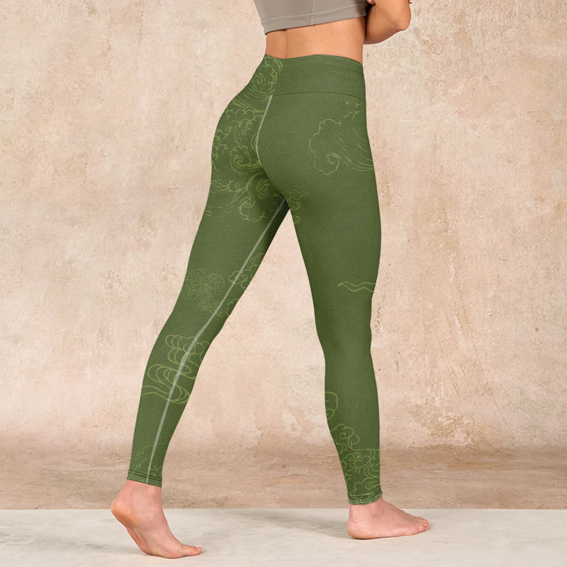Green Auspicious Cloud Waves Print Gym Leggings Women's Yoga Pants