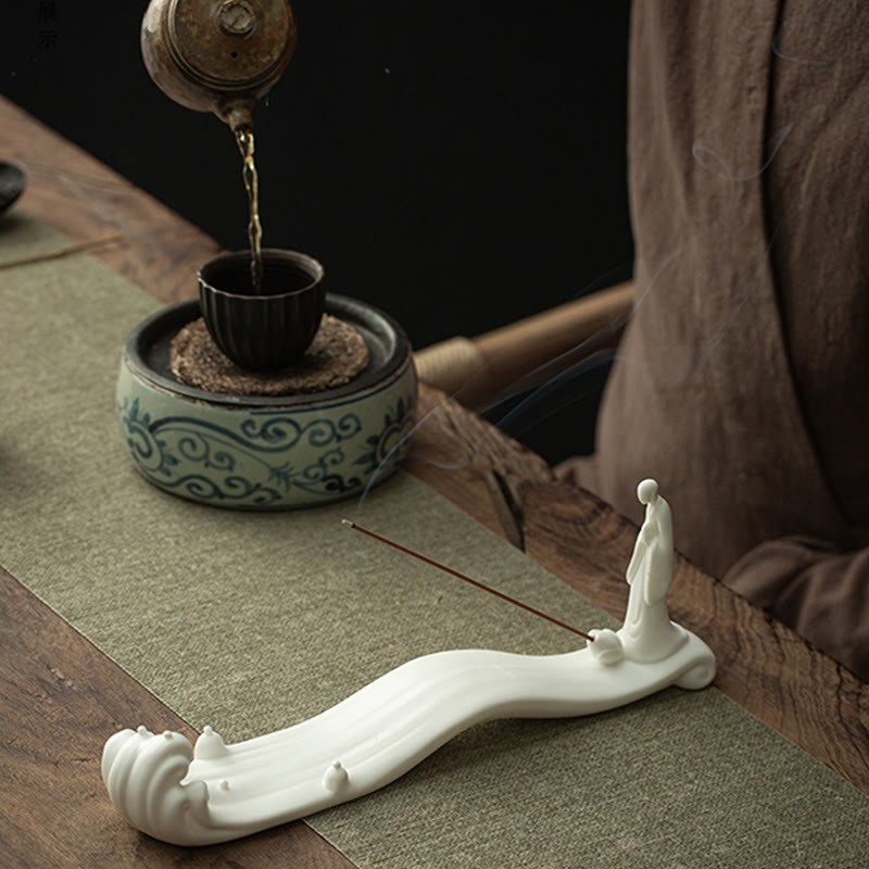 mystic zen Monk Ceramic Sea Wave Mountain Blessing Incense Burner Decoration
