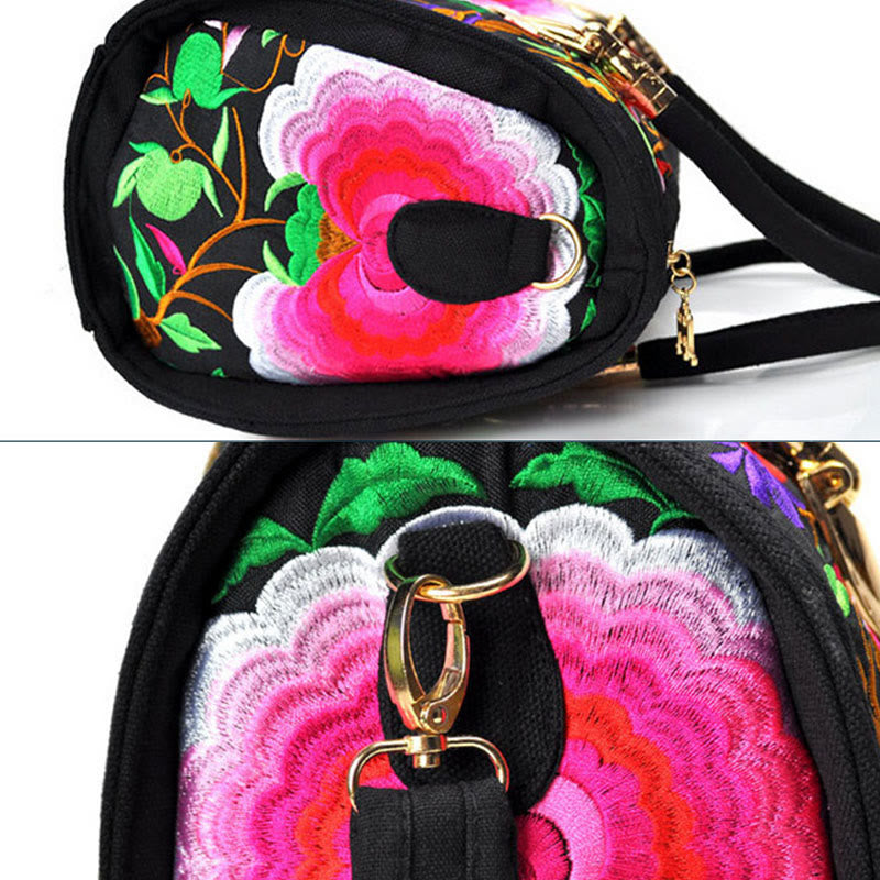 Money Tree Peony Camellia Double-Sided Embroidery Canvas Shopping Purse Handbag Crossbody Bag