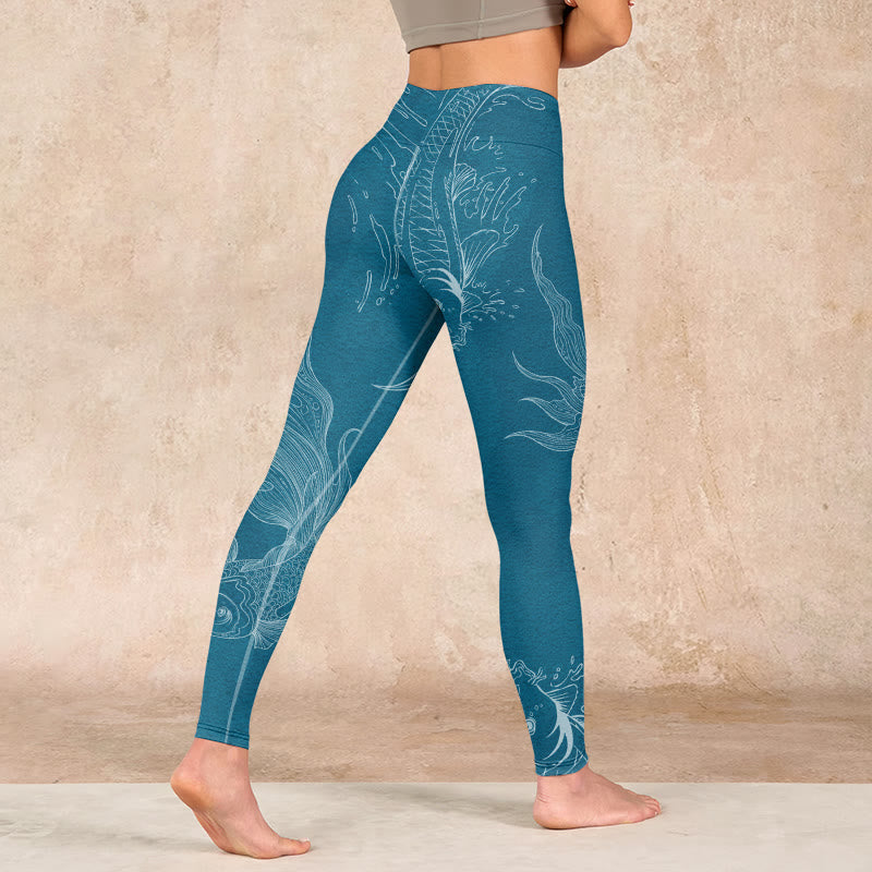 Blue Koi Fish Flowing Waves Print Gym Leggings Women's Yoga Pants