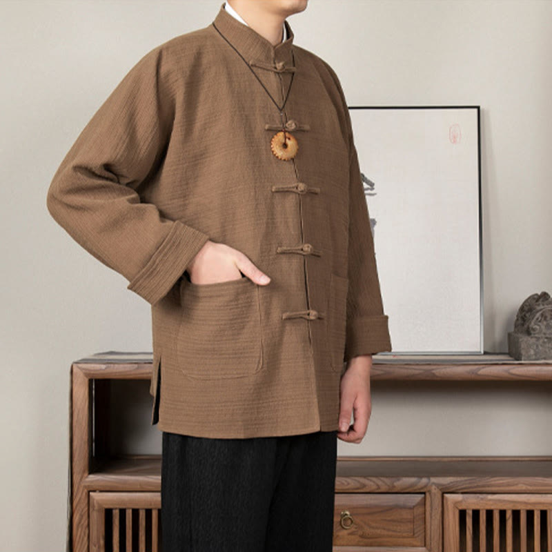Solid Color Frog-button Tang Suit Cotton Linen Men's Jacket Shirt With Pockets