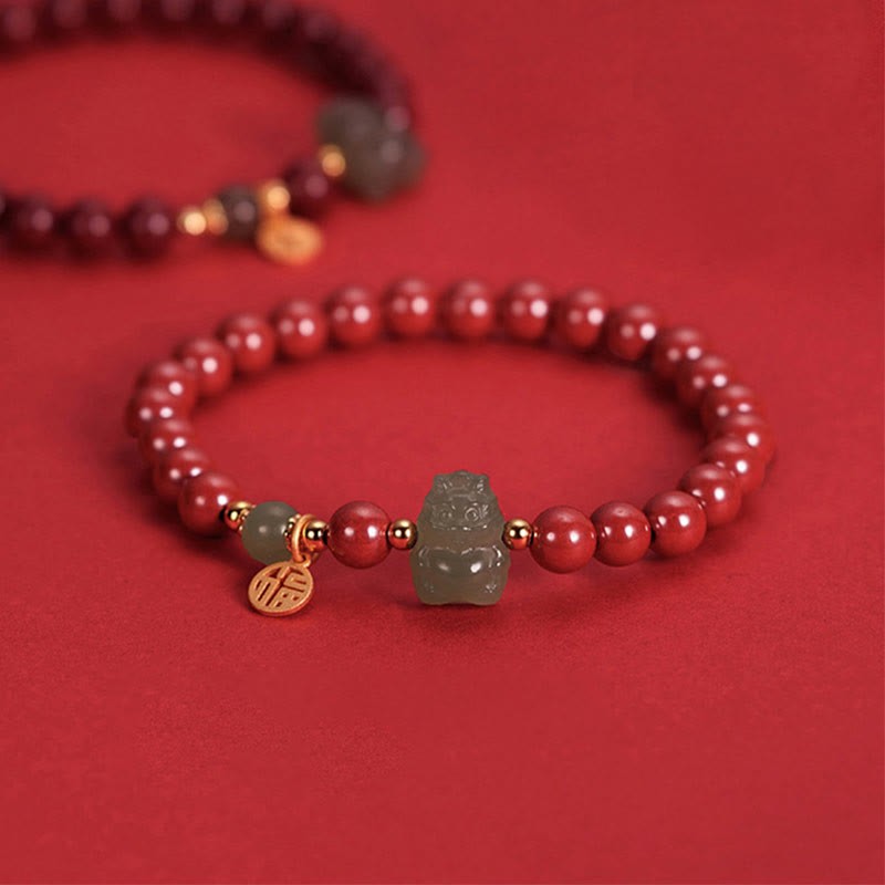 925 Sterling Silver Year of the Dragon Natural Cinnabar Hetian Jade Dragon Fu Character Ruyi As One Wishes Charm Blessing Bracelet (Extra 30% Off | USE CODE: FS30)