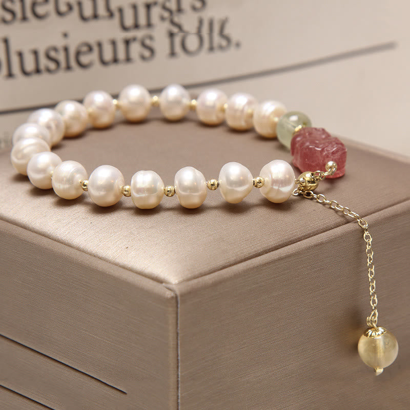 Natural Pearl Strawberry Quartz PiXiu Optimism Charm Bracelet