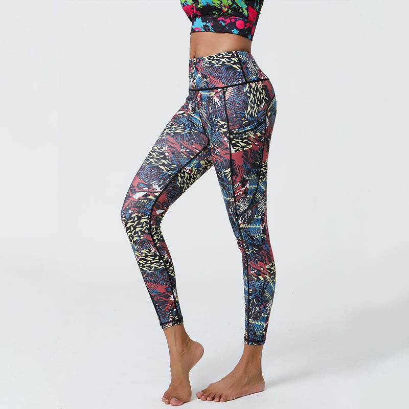 Rose Lines Tiger Leopard Print Sports Fitness High Waist Leggings Women's Yoga Pants With Pockets