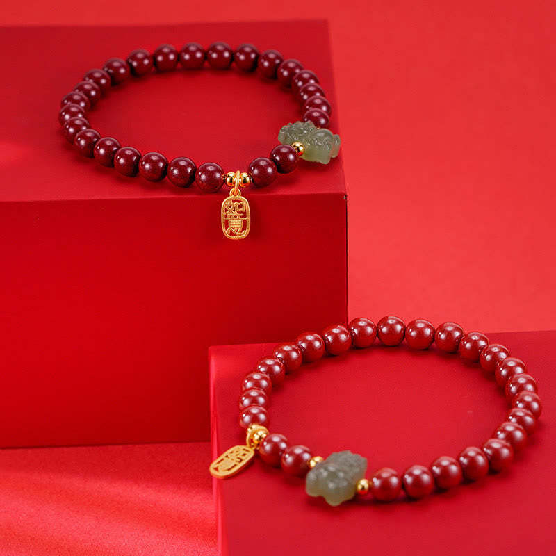 925 Sterling Silver Year of the Dragon Natural Cinnabar Hetian Jade Dragon Fu Character Ruyi As One Wishes Charm Blessing Bracelet (Extra 30% Off | USE CODE: FS30)