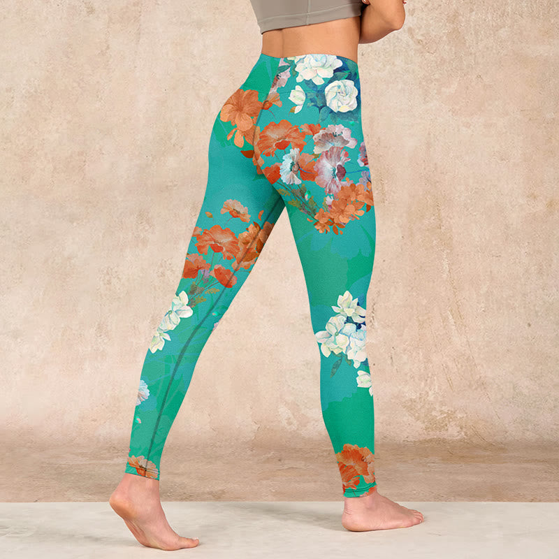 Green Orange Beige Floral Print Gym Leggings Women's Yoga Pants
