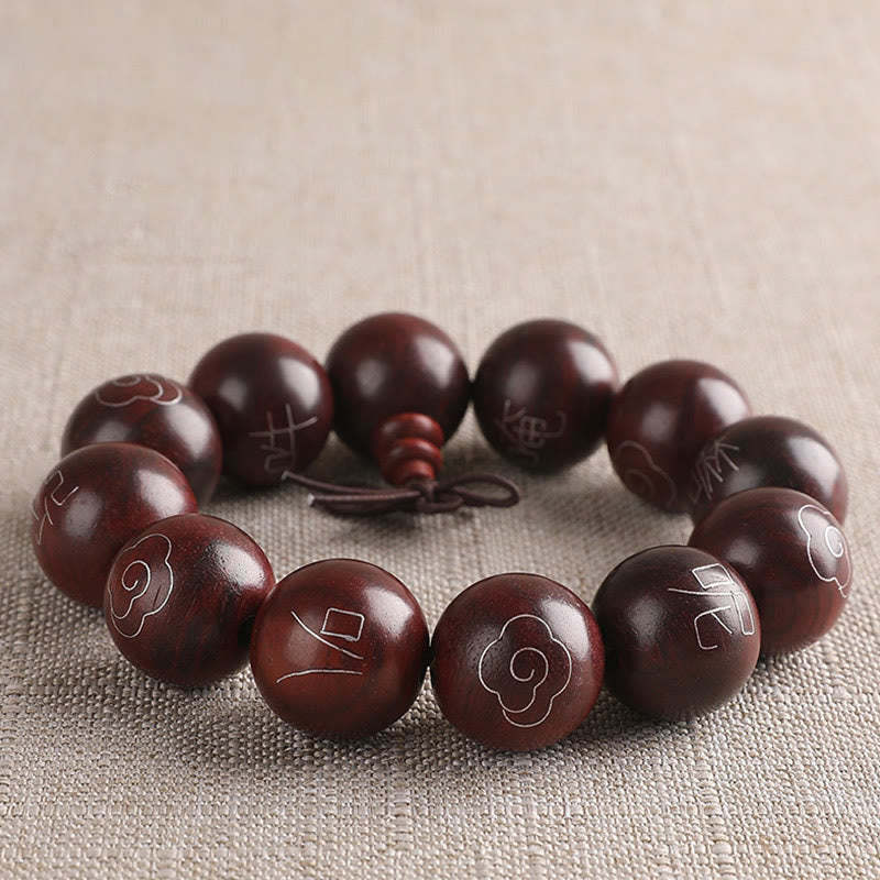 925 Sterling Silver Inlaid Small Leaf Red Sandalwood Om Mani Padme Hum Character Auspicious Clouds Protection Bracelet