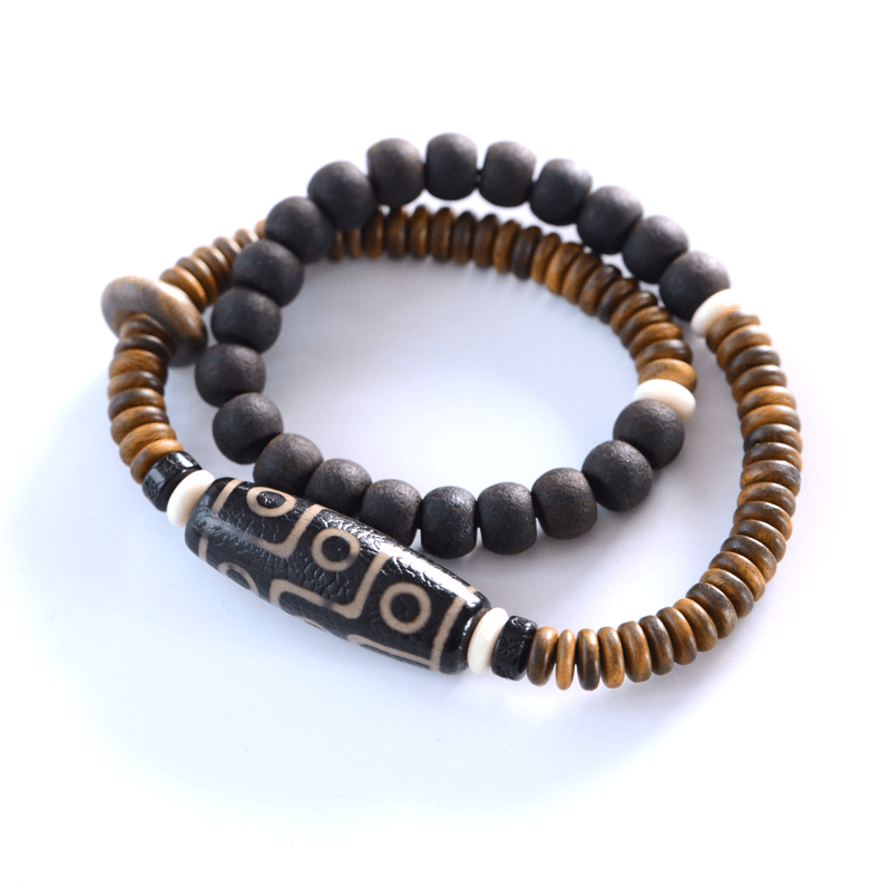 Tibetan Nine-Eye Dzi Bead Green Sandalwood Ebony Wood Peace Double Wrap Bracelet