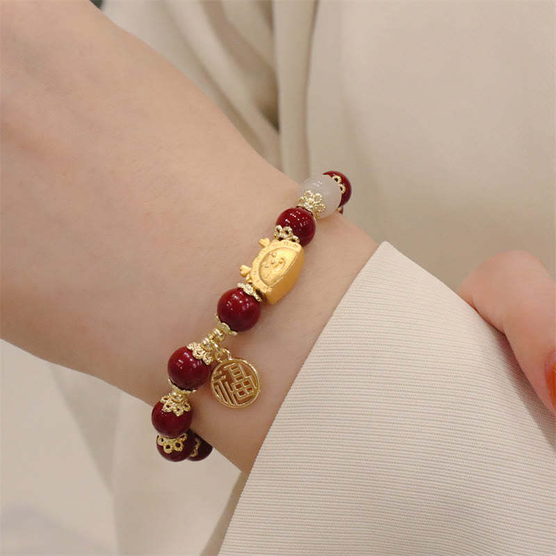 Year Of The Dragon Red Agate Strawberry Quartz Black Obsidian Jade Garnet Pearl Cinnabar Dumpling Dragon Luck Fu Character Bracelet