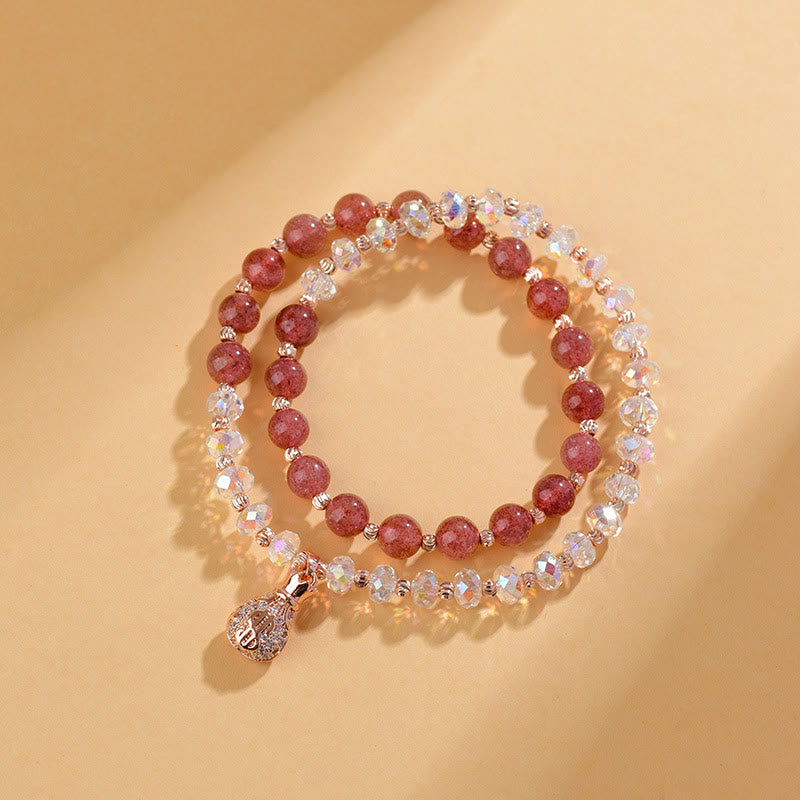 Strawberry Quartz White Crystal Money Bag Charm Positive Bracelet