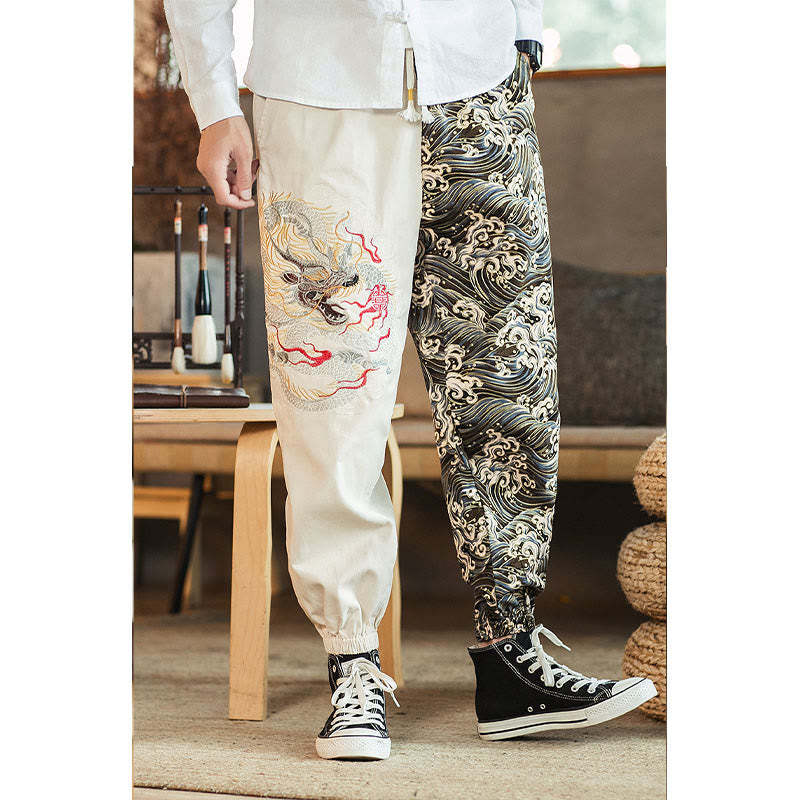 Dragon Pattern Two-tone Men's Pants With Pockets