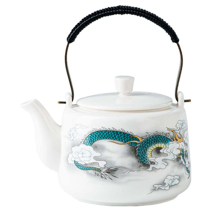 Vintage Dragon Mountain Fisherman Landscape White Porcelain Ceramic Kung Fu Teapot