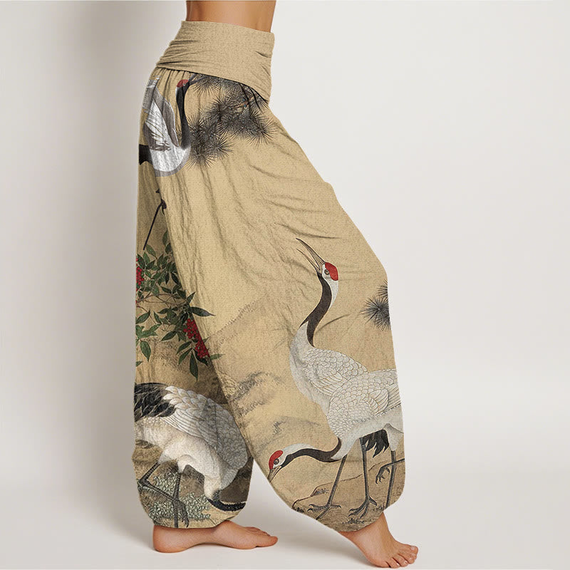 Casual Red-crowned Crane Pine Tree Mountain Women's Elastic Waist Harem Pants
