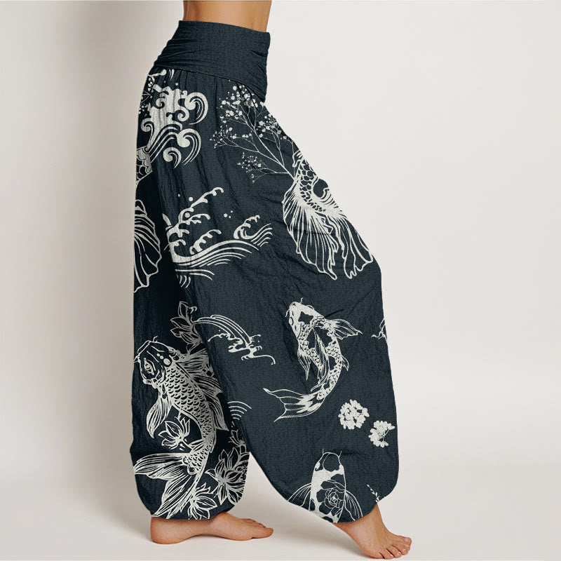 Koi Fish Waves Lotus Flowers Design Women's Elastic Waist Harem Pants