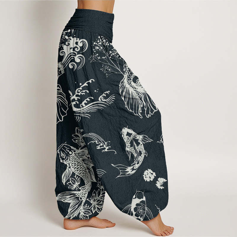 Koi Fish Waves Lotus Flowers Design Women's Elastic Waist Harem Pants