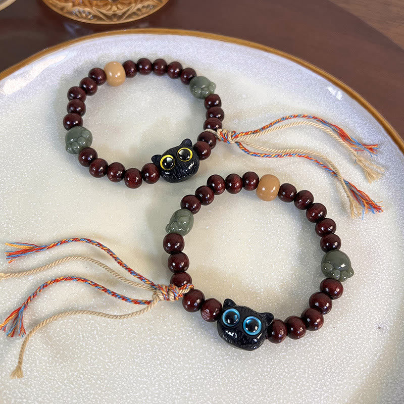 Ebony Wood Lovely Cat Jade Paw Peace Tassel Wood Bracelet