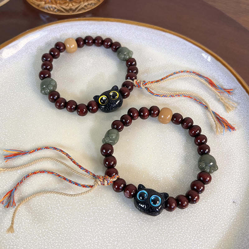 Ebony Wood Lovely Cat Jade Paw Peace Tassel Wood Bracelet