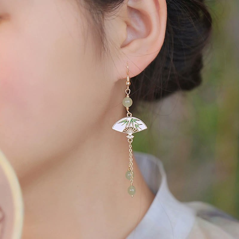 14K Gold Filled Copper Jade Fan Bamboo Abundance Earrings
