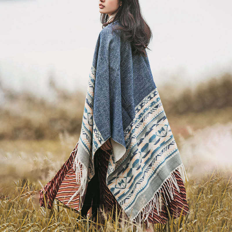 Tibetan Geometric Rhombus Pattern Tassels Shawl Fall Winter Warm Cozy Scarf Wrap