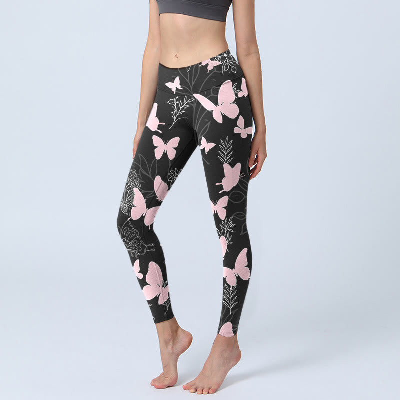 Black Butterfly Plant Lines Pattern Print Gym Leggings Women's Yoga Pants