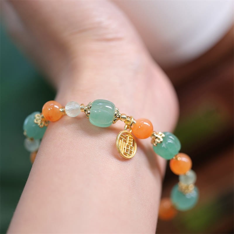Natural Golden Silk Jade Pumpkin Bead Fu Character Charm Wealth Bracelet