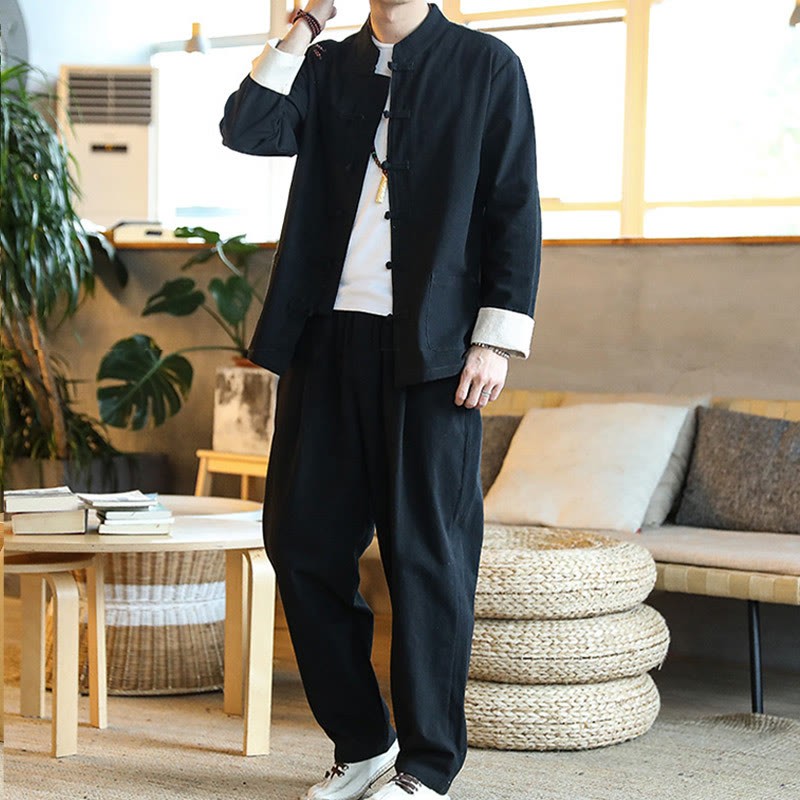 2Pcs Zen Tang Suit Men's Frog-Button Long Sleeve Shirt Pants Set With Pockets