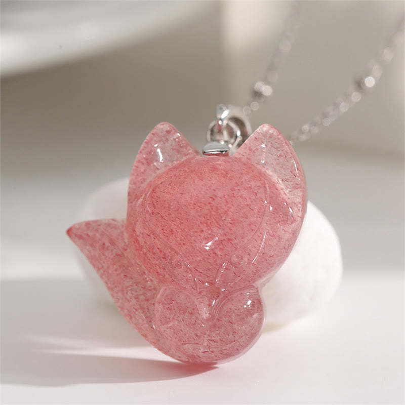 14k Gold Plated 925 Sterling Silver Strawberry Quartz Fox Healing Necklace Pendant