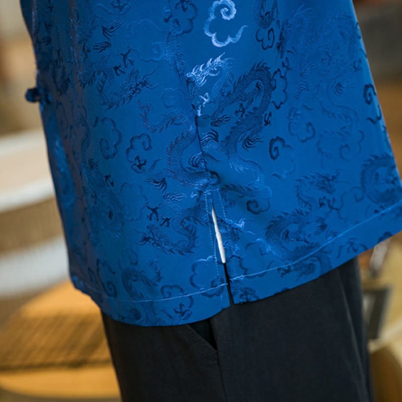 Chinese Tang Suit Frog-button Dragon Print Men's Half Sleeve Shirts