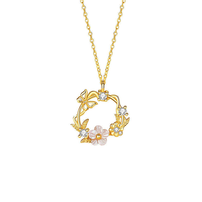 925 Sterling Silver Cubic Zirconia Shell Butterfly Peach Blossom Blessing Necklace Pendant