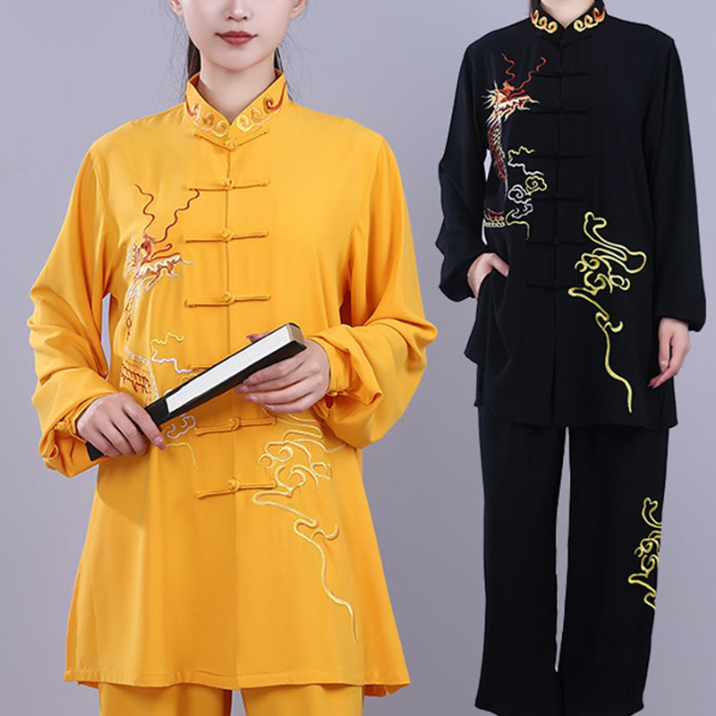 2Pcs Fall Embroidery Dragon Frog-Button Tai Chi Meditation Qigong Zen Practice Unisex Cotton Clothing Set
