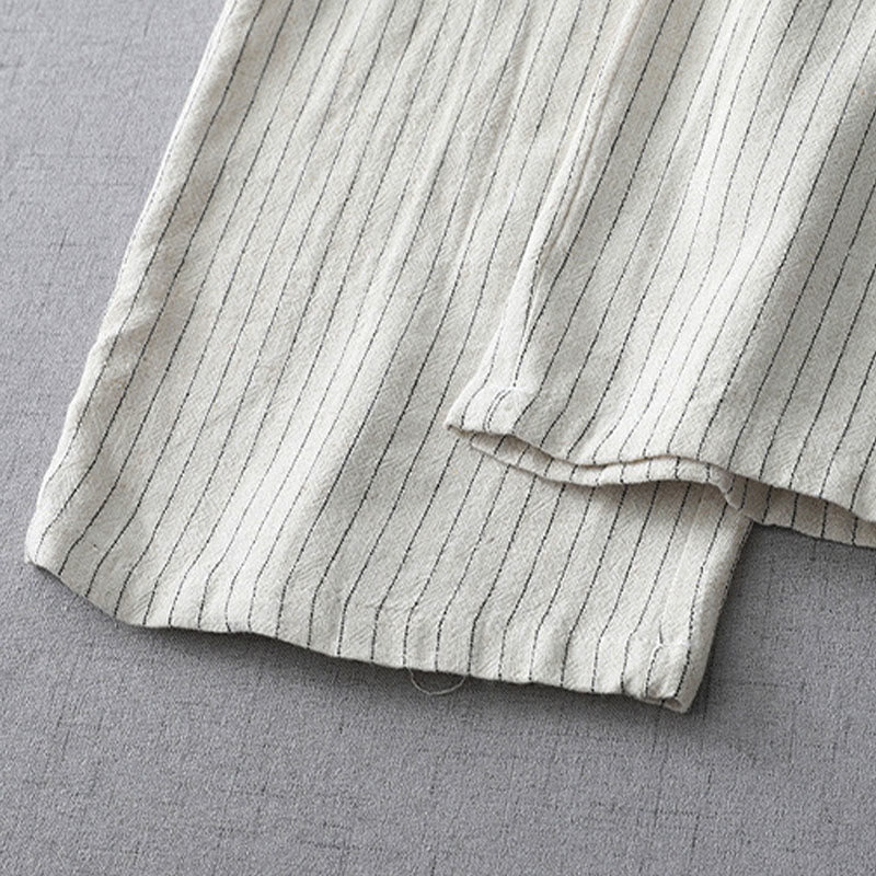 Vertical Striped Cotton Linen High Waist Wide Leg Pants With Pockets