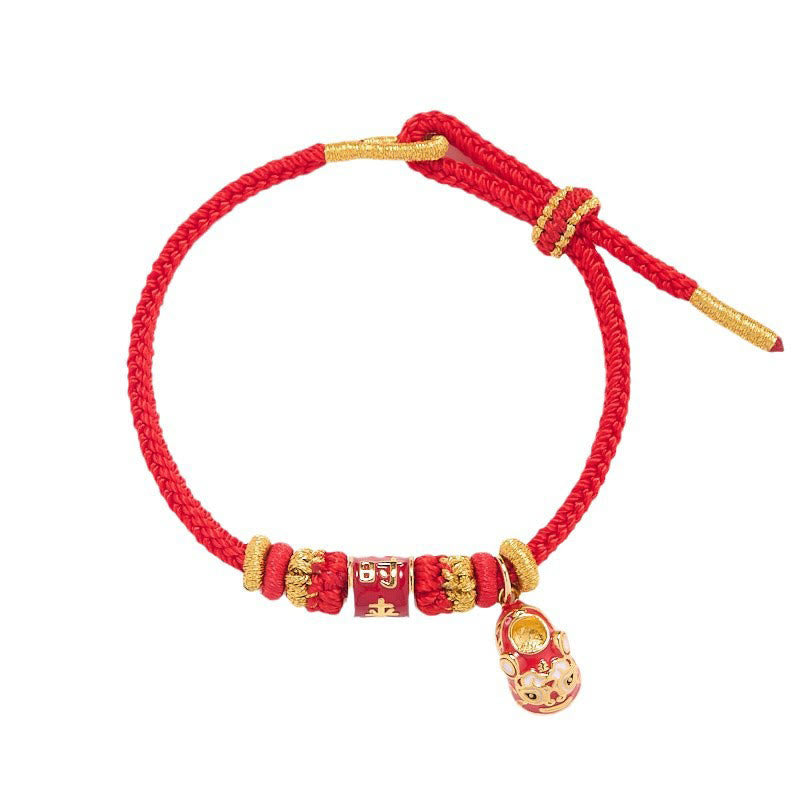 Red String Gold Plated Copper Shi Lai Yun Zhuan Shoe Pendant Protection Braided Bracelet