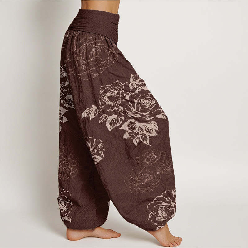 Casual Rose Peony Flowers Women's Elastic Waist Harem Pants