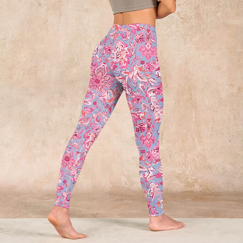 Pink Flowers Print Gym Fitness Leggings Women's Yoga Pants