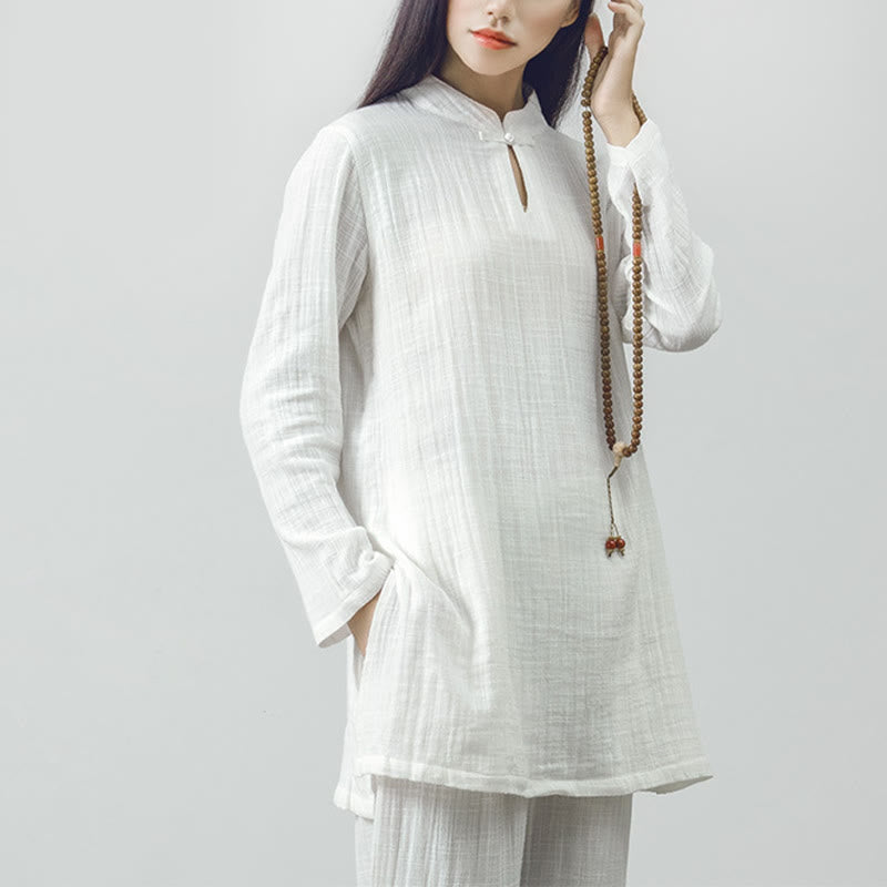 2Pcs Tang Suit Frog-Button Shirt Top Pants Meditation Zen Tai Chi Cotton Linen Clothing Women's Set