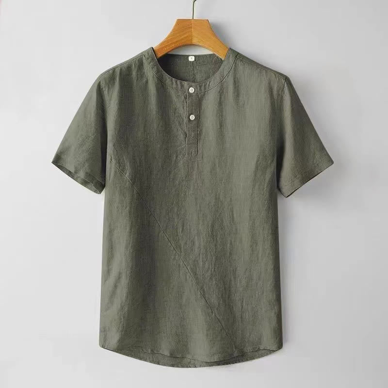 Solid Color Short Sleeve Two Top Buttons Cotton Linen Men's Shirt