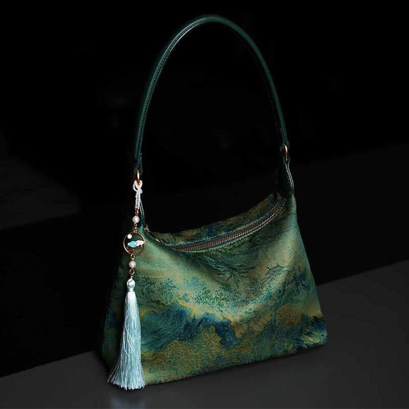 Lotus Bamboo Crane Deer Butterfly Mountain Xiangyunsha Silk Song Brocade Crossbody Bag Shoulder Bag