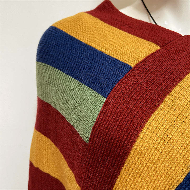 Tibetan Colorful Striped Design Shawl Tassels Pullover Winter Cozy Travel Scarf Wrap