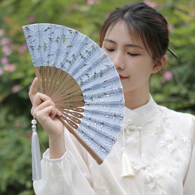 Solid Color Hollow Flowers Embroidery Cotton Fabric Handheld Bamboo Folding Fan